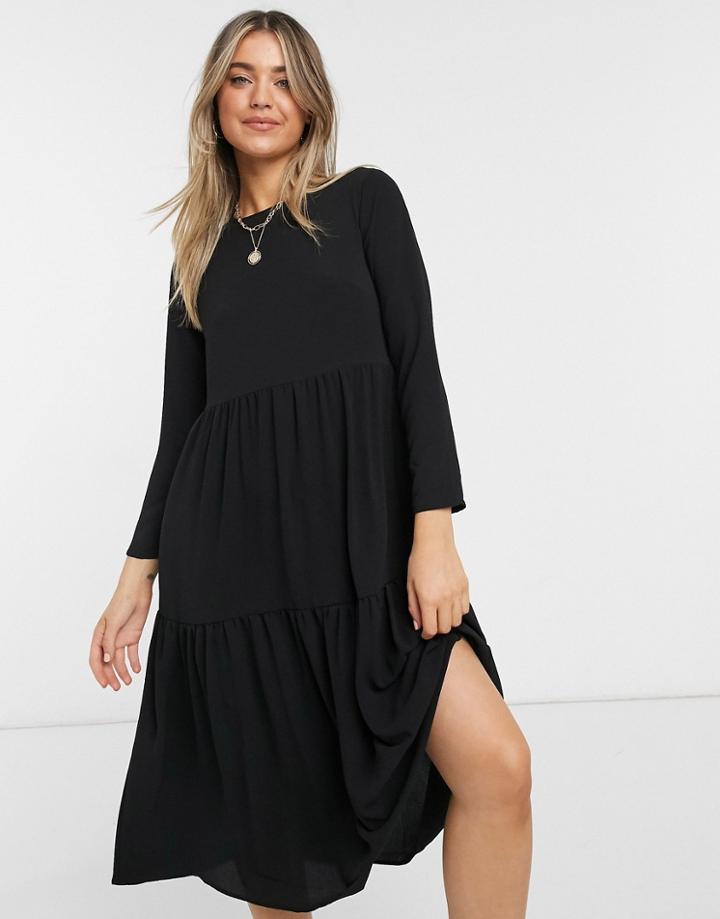 Asos Design Long Sleeve Tiered Smock Midi Dress In Black