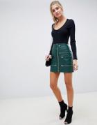 Asos Design Leather Look Mini Skirt With Zips - Green