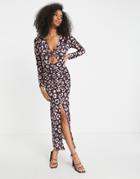 Asos Design Ruched Detail Maxi Dress In Tonal Pink Leopard Print-multi