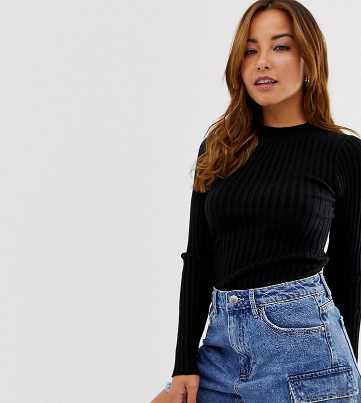 Asos Design Petite Crew Neck Sweater In Skinny Rib-black