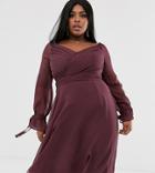 Asos Design Curve Midi Dress With Layered Skirt And Wrap Waist With Lace Trim Detail-purple