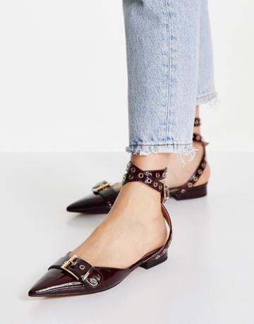 Asos Design Lance Buckle Ballet Flats With Eyelets In Burgundy-red