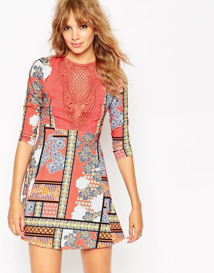 Asos Empire Seam Skater Dress With Lace Bib In Print - Multi