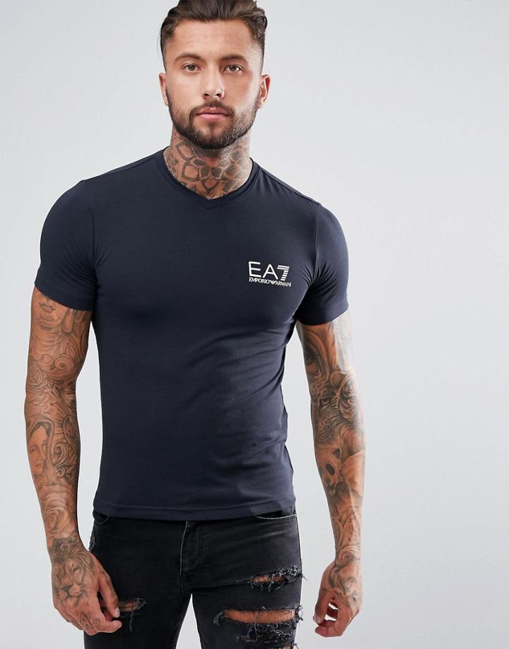 Ea7 Chest Logo V-neck Stretch T-shirt In Navy - Navy