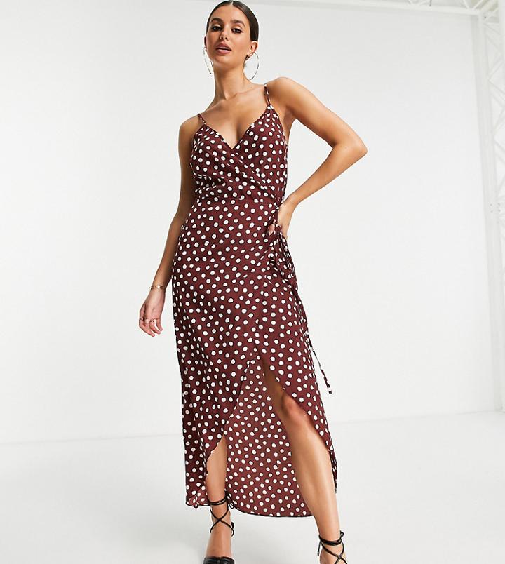 Asos Design Tall Cami Wrap Maxi Dress In Large Brown Dot Print-multi