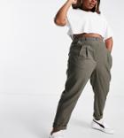 Asos Design Curve High Waist Slim Peg Pants In Khaki Linen-green