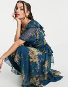 Asos Design Ruffle Midi Dress In Textured Chiffon With Tie Detail In Occasion Floral-multi
