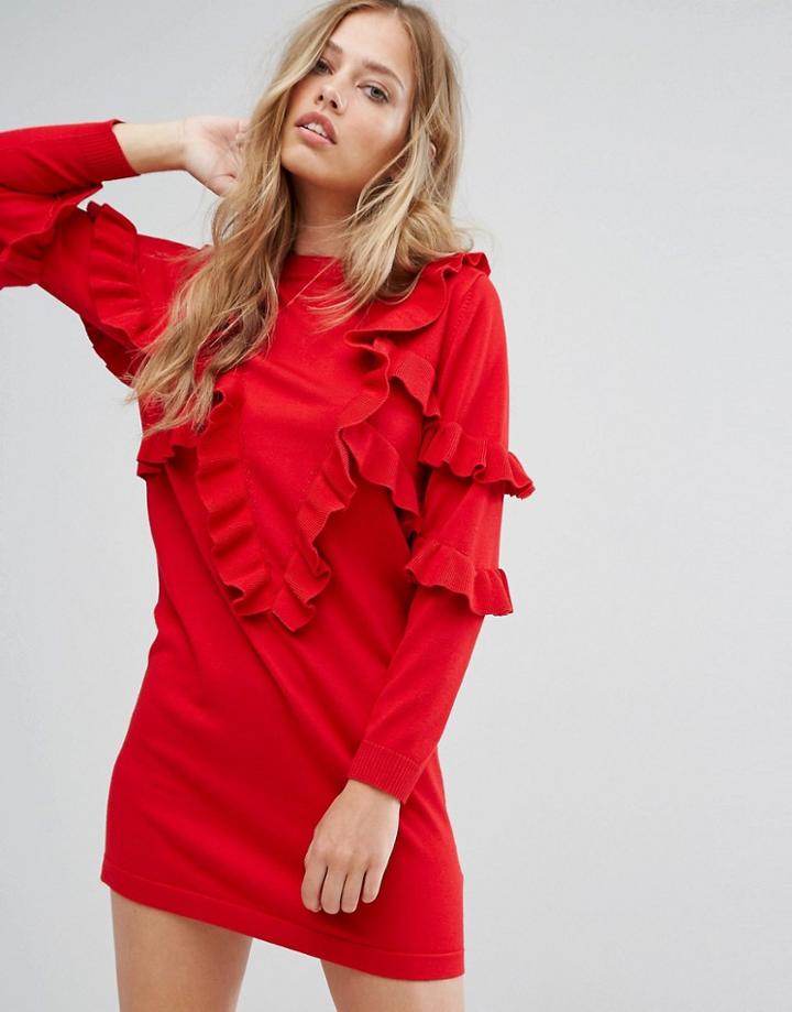 Suncoo Frill Knit Sweater Dress - Red