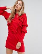 Suncoo Frill Knit Sweater Dress - Red