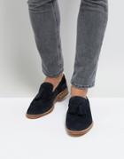 Asos Loafers In Navy Suede With Natural Sole And Fringe Detail - Navy