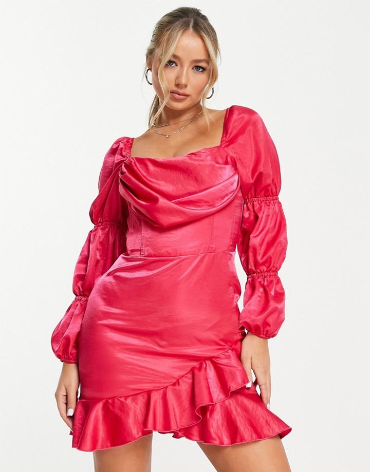First Distraction The Label Bardot Satin Volume Sleeve Mini Dress With Frill Detail In Fuchsia-pink