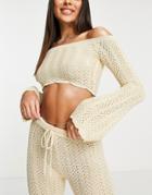 Asos Design Crochet Off Shoulder Beach Crop Top In Natural - Part Of A Set-white