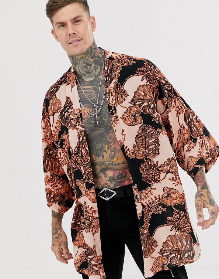 Asos Design Kimono In Floral Print - Beige