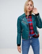 Miss Selfridge Faux Leather Biker Jacket In Turquoise - Green