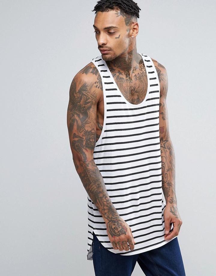 Asos Stripe Super Longline Tank With Step Hem And Extreme Racer Back -