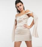 Jaded Rose Petite Wrap Front Drape Sleeve Mini Dress In Champagne-white