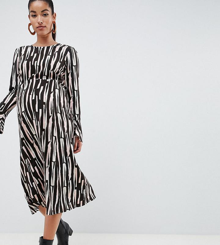 Asos Design Maternity Stripe Column Midi Dress With Fluted Sleeve - Multi