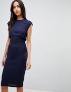 Asos Midi Dress With Corset Detail And Contrast Stitching - Navy