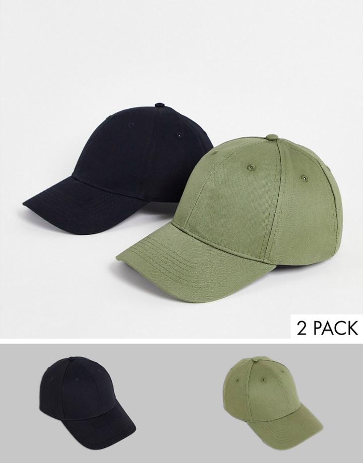 New Look 2 Pack Cap In Black And Khaki-multi