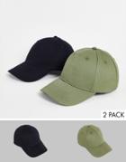 New Look 2 Pack Cap In Black And Khaki-multi