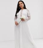 Asos Edition Curve Long Sleeve Lace Bodice Maxi Wedding Dress With Pleated Skirt - White