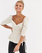 Outrageous Fortune Wrap Front Puff Sleeve Top In Cream