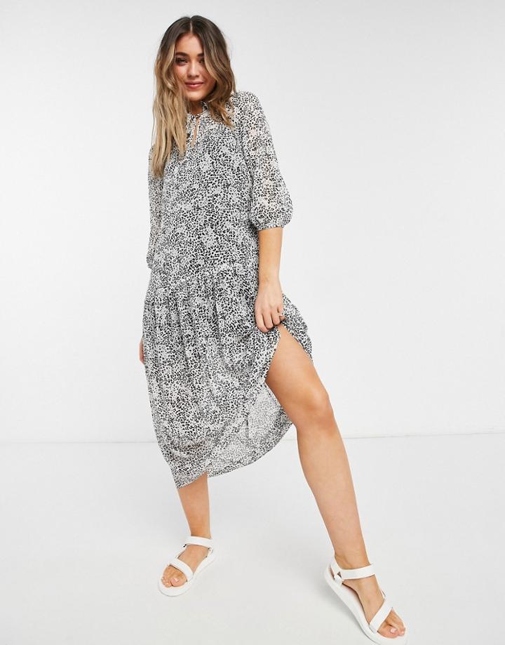 New Look Tie Neck Chiffon Midi Dress In Animal Print-black