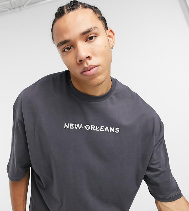 Asos Design Tall Oversized T-shirt In Dark Gray With City Print-grey