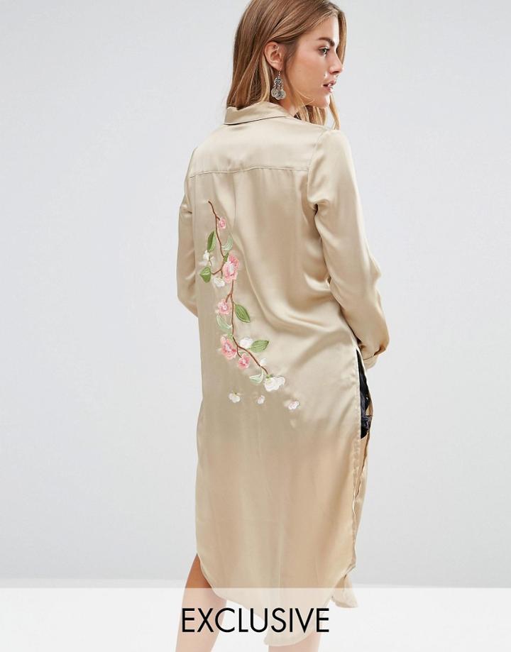 Young Bohemians Silky Shirt Dress With Delicate Embroidered Back Panel - Green