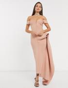 Asos Design Bardot Plunge Side Pep Tuck Maxi Dress In Rose-pink