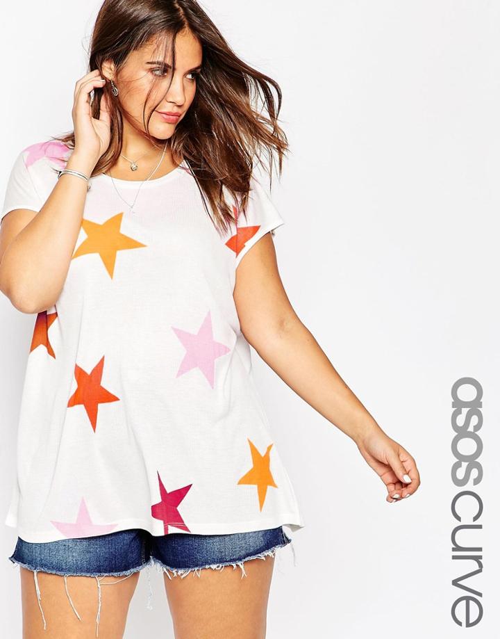 Asos Curve Tunic T-shirt With Colored Star Print - White