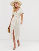 Gilli Wrap Front Midi Dress With Tie Detail In Stripe - Beige