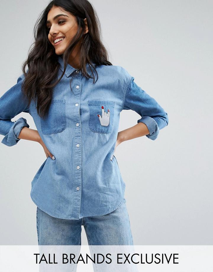 Daisy Street Tall Patchwork Denim Oversized Shirt - Blue