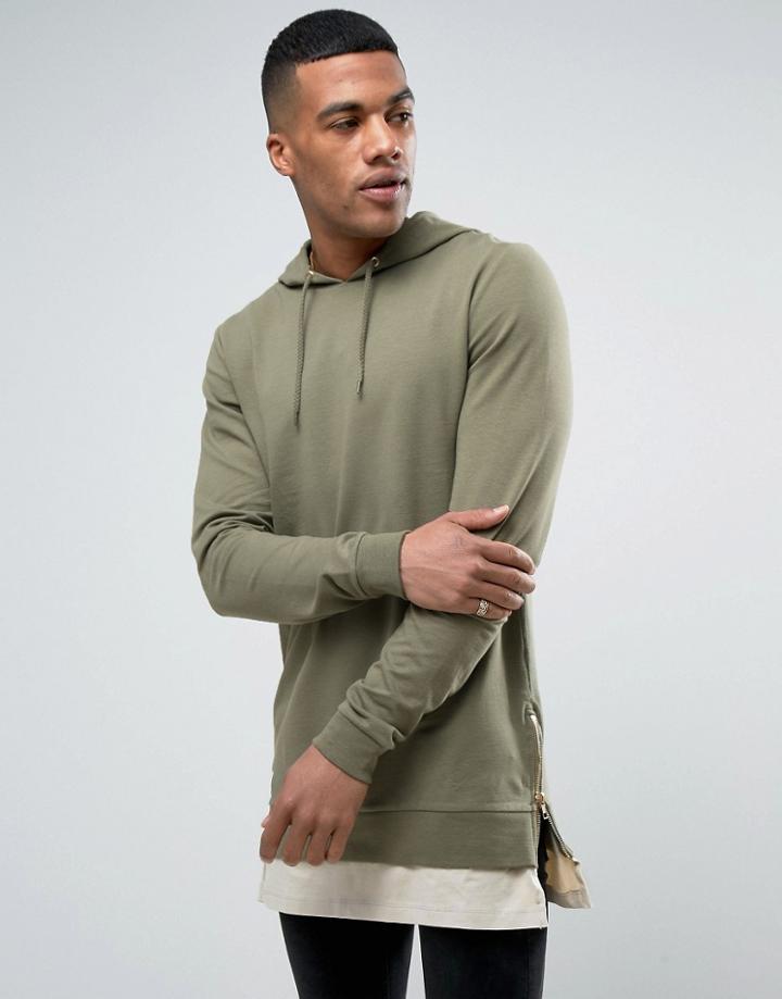 Asos Muscle Hoodie With Side Zips And T-shirt Hem - Beige
