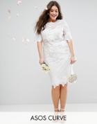 Asos Curve Bridal Lace Embroidered Midi Shift Dress - White