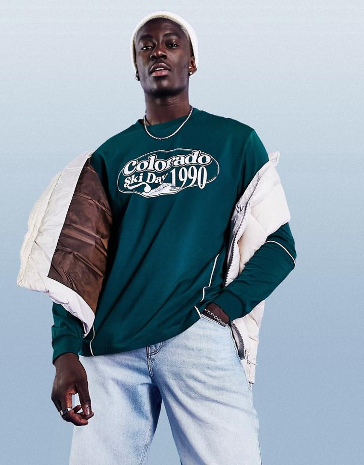 Asos Design Relaxed Long Sleeve T-shirt In Green With Piping Details