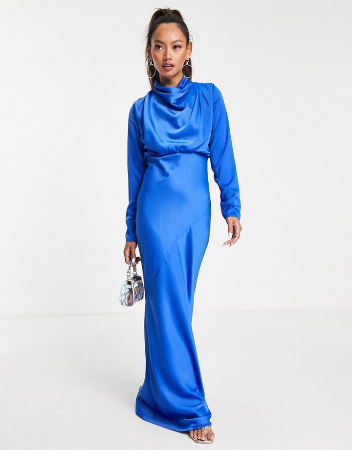 Asos Design High Neck Drape Satin Bias Cut Maxi Dress In Blue-blues