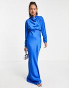 Asos Design High Neck Drape Satin Bias Cut Maxi Dress In Blue-blues