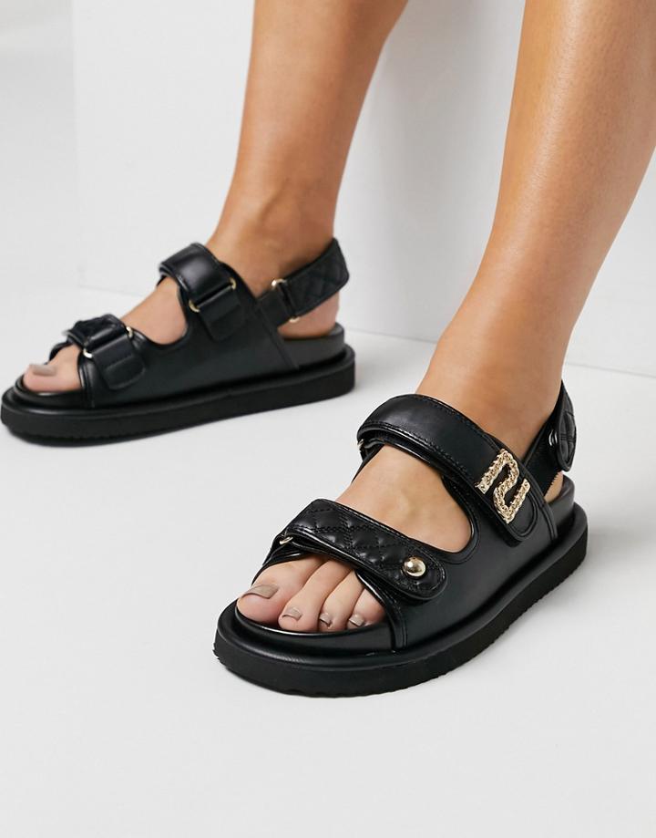River Island Quilted Sporty Flat Sandals In Black