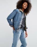 Asos Denim Jacket In Mid Vintage Wash With Faux Fur Lining - Blue