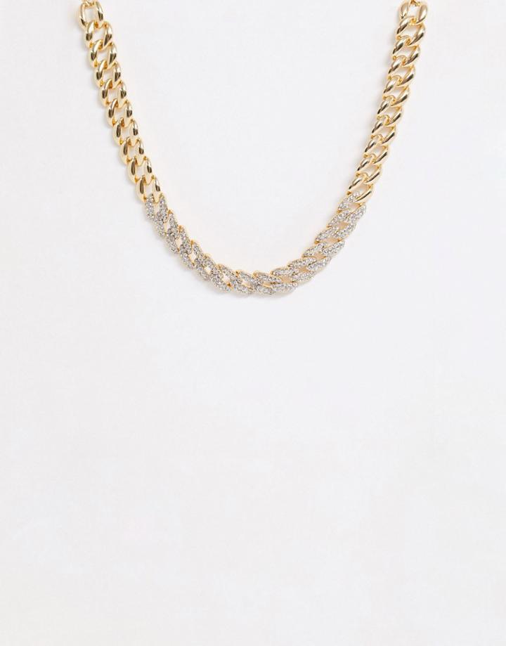 Asos Design Necklace In Crystal Link Chain In Gold Tone