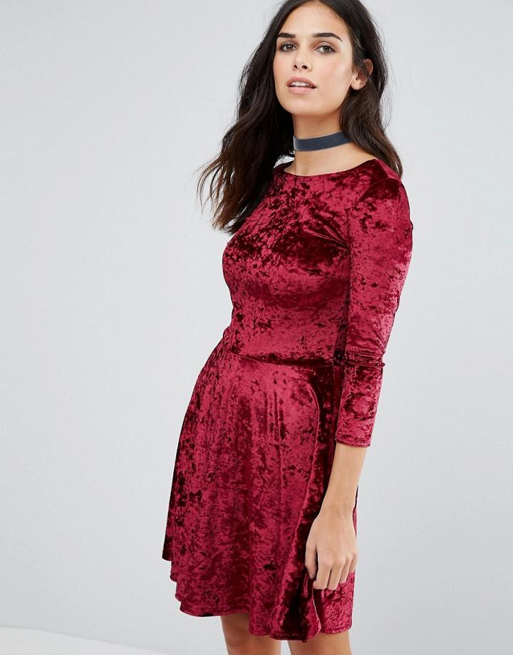 Club L Velvet 3/4 Sleeve Skater Dress - Red