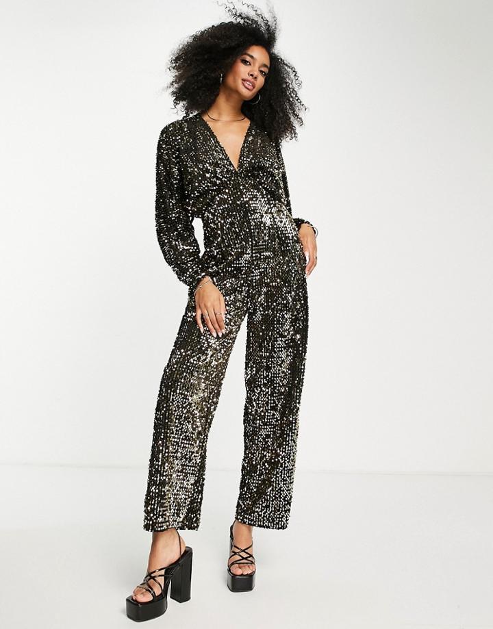 Asos Design Sequin Plunge Kimono Sleeve Jumpsuit In Gold