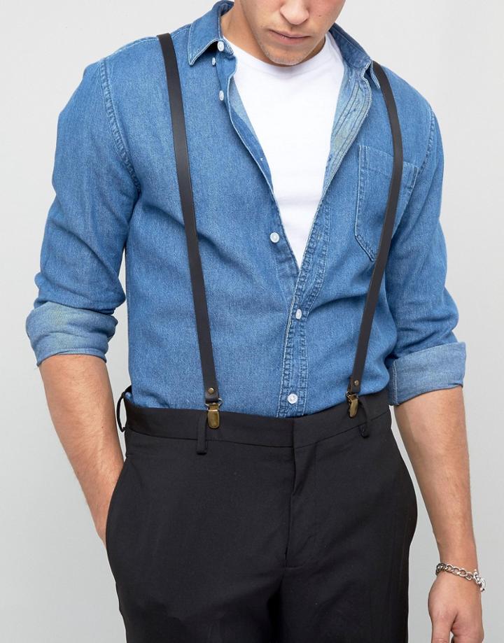 Asos Black Leather Suspenders In Gift Box - Black