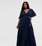 Asos Design Curve Exclusive Maxi Dress With Kimono Sleeve And Tie Waist In Pleat-multi
