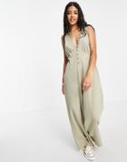Asos Design Button Front Lace Trim Swing Jumpsuit In Khaki-green