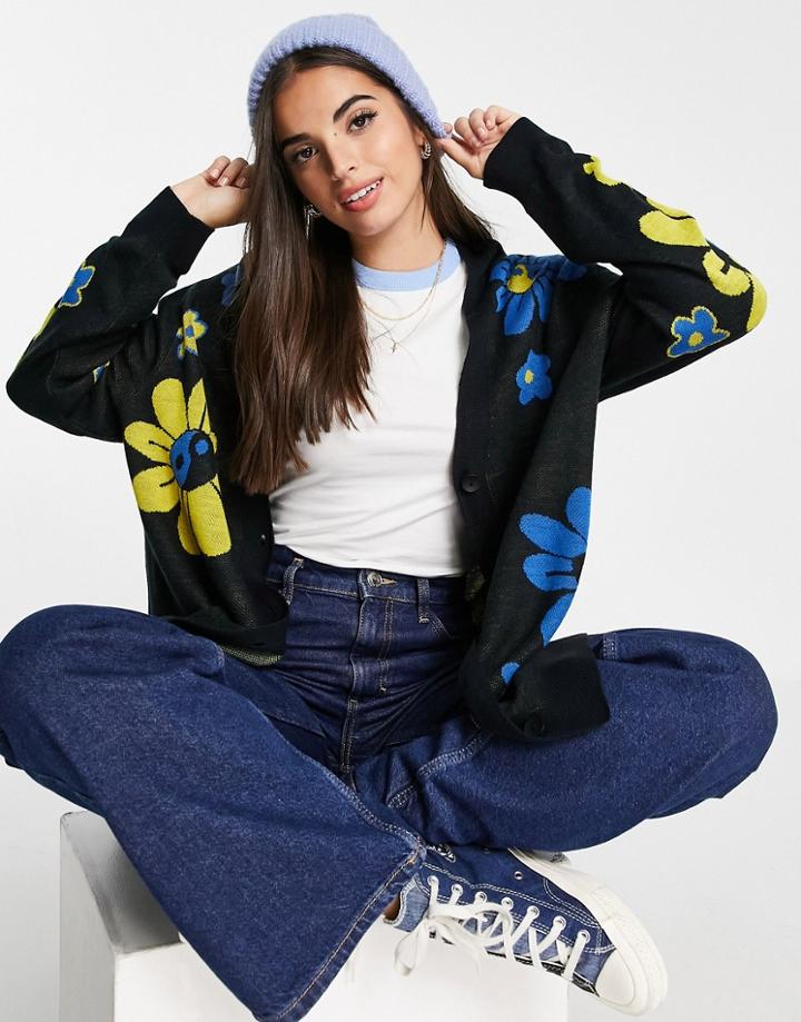 Asos Design Longline Cardi In Yin Yang Floral Print-black
