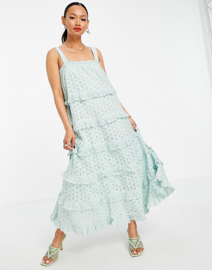 Y.a.s Organic Cotton Tiered Eyelet Maxi Dress In Light Blue-green