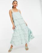 Y.a.s Organic Cotton Tiered Eyelet Maxi Dress In Light Blue-green