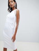 Asos Design Embellished Scuba Fringe Back Midi Bodycon Dress - White